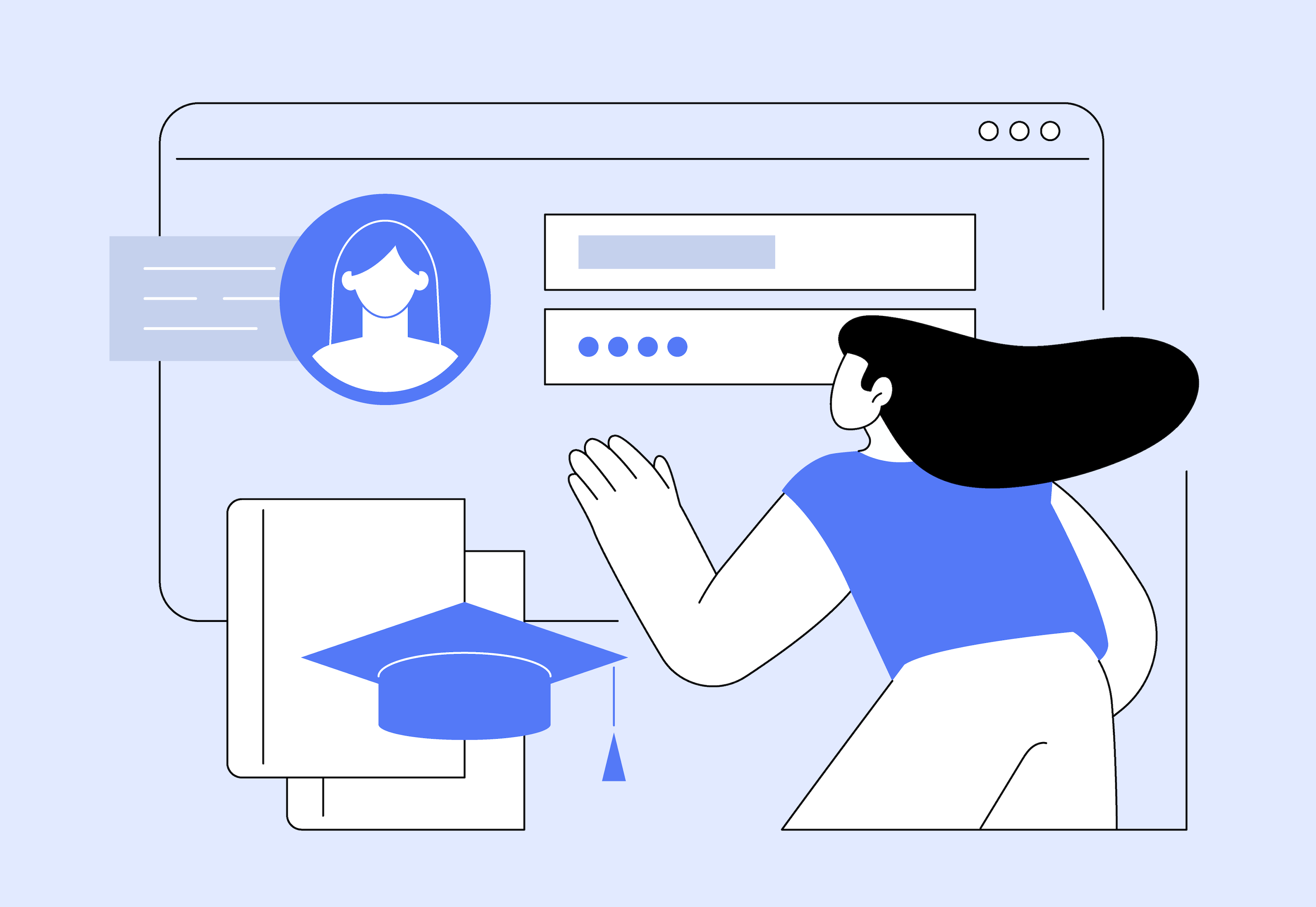 A concept graphic showing a student filling out an online education profile.