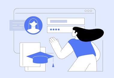 A concept graphic showing a student filling out an online education profile.