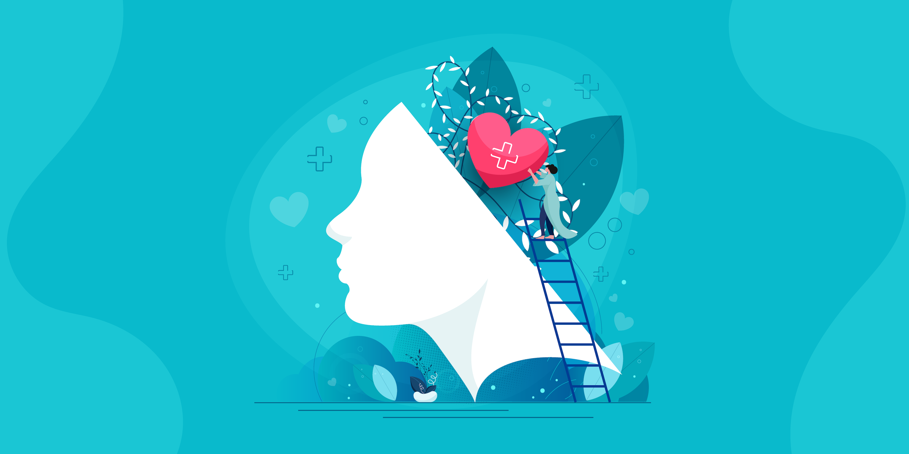 A concept graphic showing a person tending two a larger head's mind, referencing mental health care.