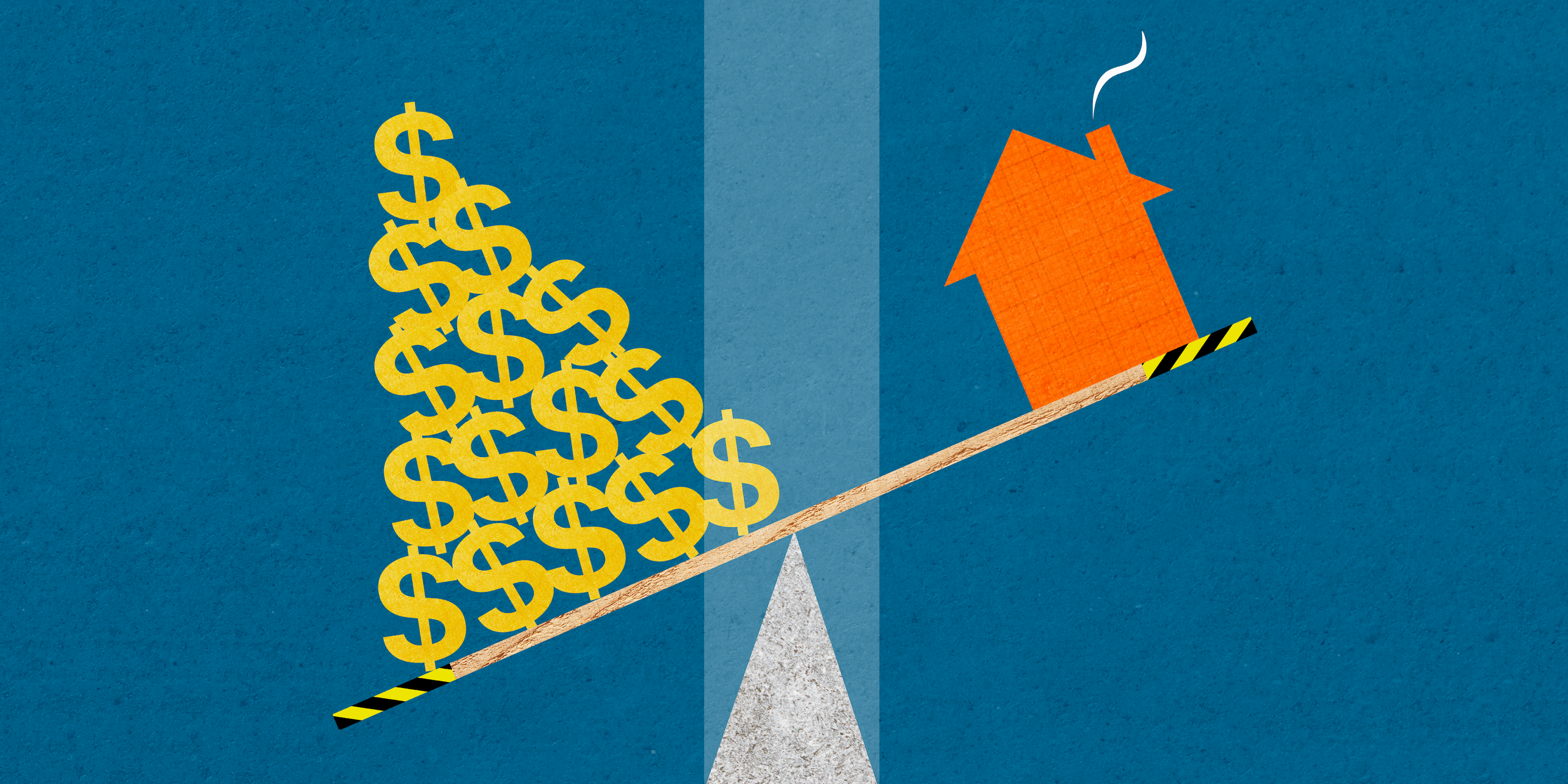 An illustration showing a house icon being balanced against a pile of dollar symbols.