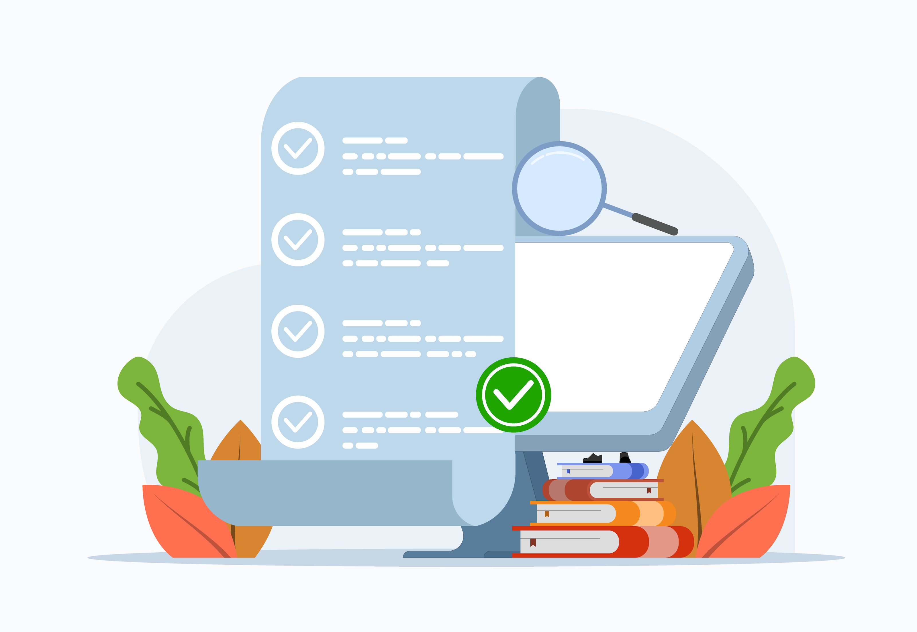 An illustrated image showing a checklist in front of a computer screen, alluding to quality college accreditation.