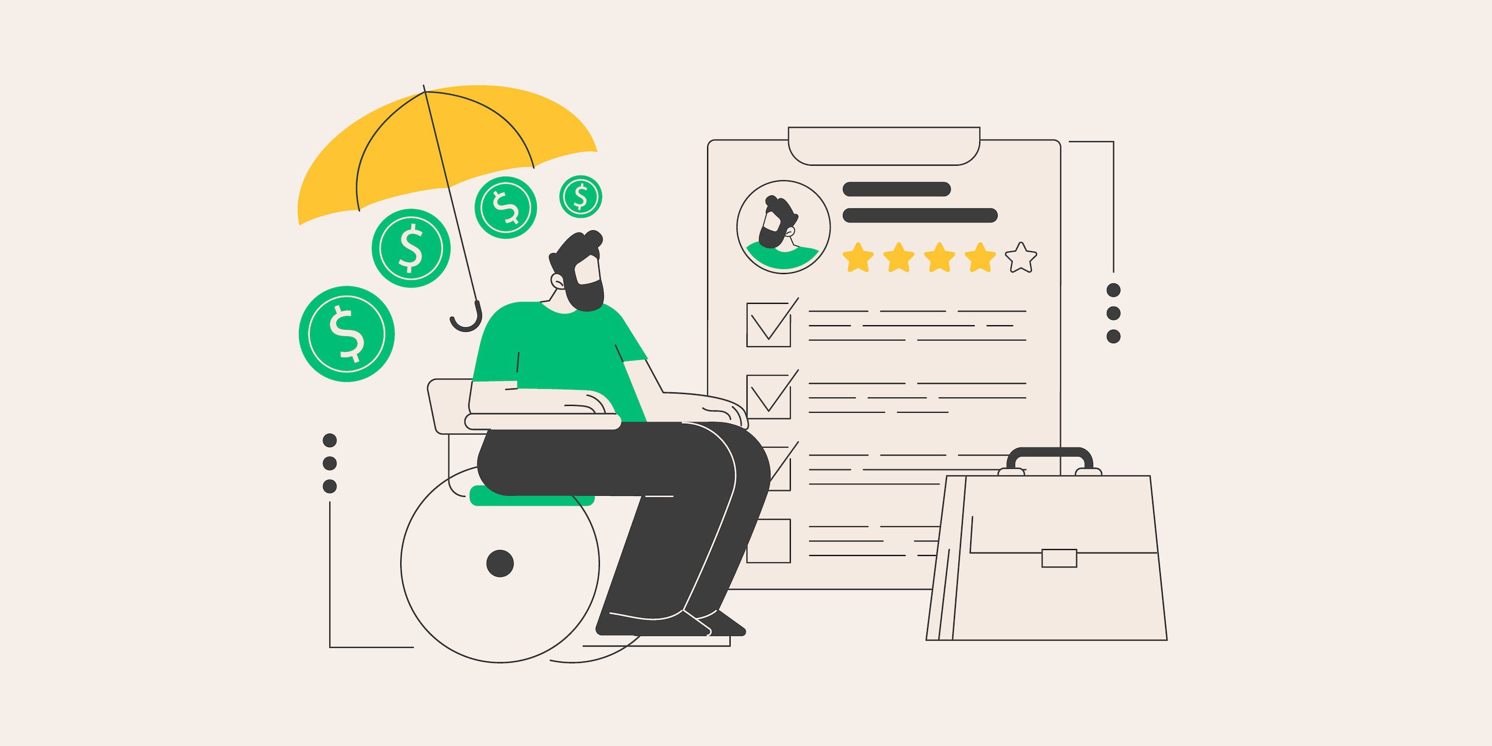 A line vector graphic showing a person in a wheelchair and various icons representing unemployment including a resume, a briefcase, and coins.