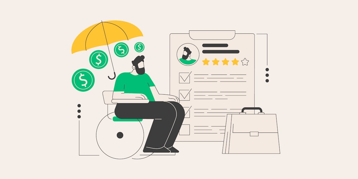 A line vector graphic showing a person in a wheelchair and various icons representing unemployment including a resume, a briefcase, and coins.