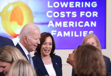 WASHINGTON, DC - AUGUST 29: U.S. President Joe Biden and Vice President Kamala Harris greet audience members during an event promoting lower healthcare costs in the East Room of the White House on August 29, 2023 in Washington, DC. The Biden administration announced a list of the first ten medicines that will now have lower prices following negotiations with Medicare. (Photo by Win McNamee/Getty Images)