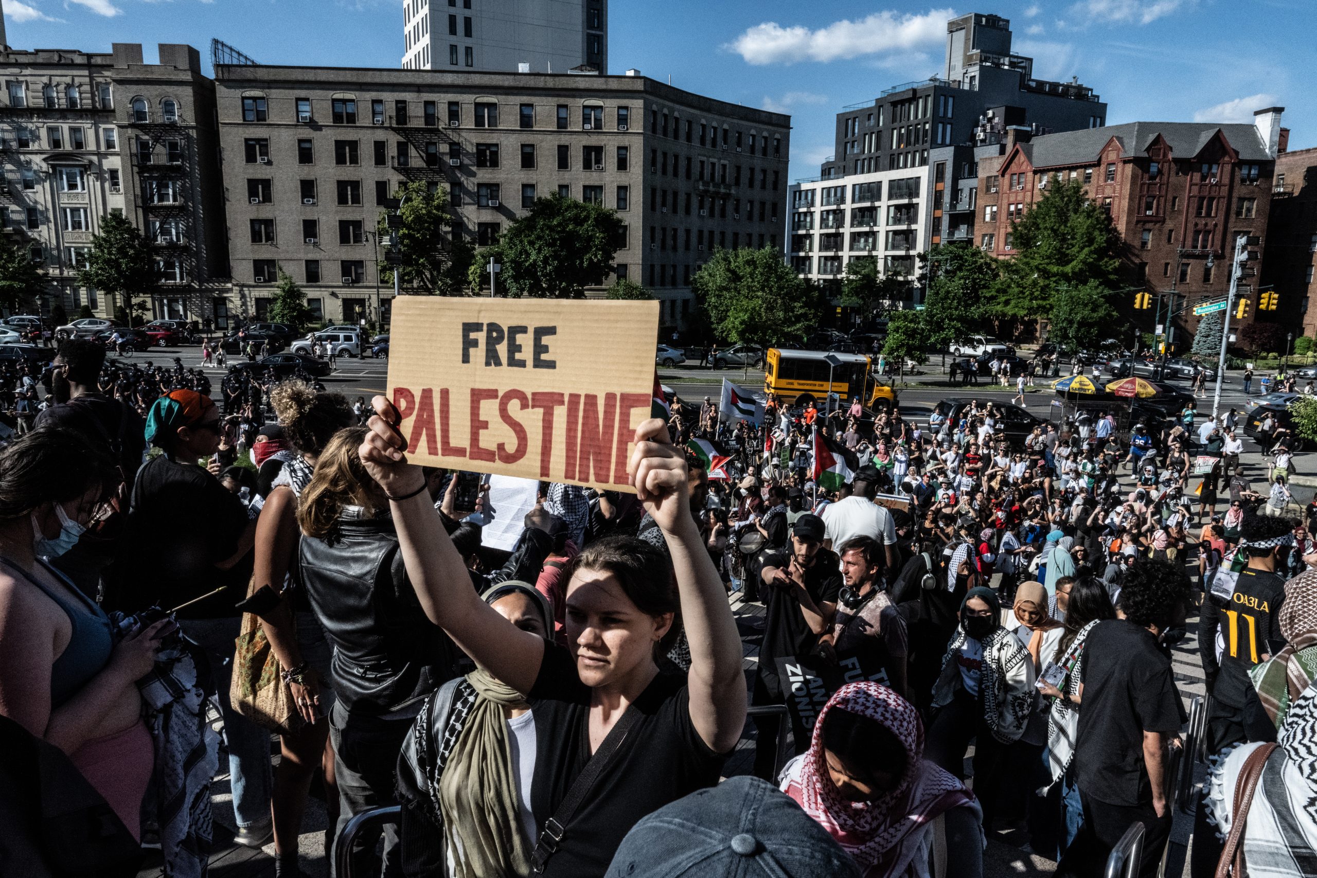 NEW YORK, NEW YORK - MAY 31: Pro-Palestinian demonstrators associated with the 'Within Our Lifetime' protest group, rally at the Brooklyn Museum on May 31, 2024 in New York City. Demonstrators started at Barclays Center and marched to the Brooklyn Museum where they occupied the inside lobby and the outside demanding that the Brooklyn Museum divest from investments in Israel. (Photo by Stephanie Keith/Getty Images)