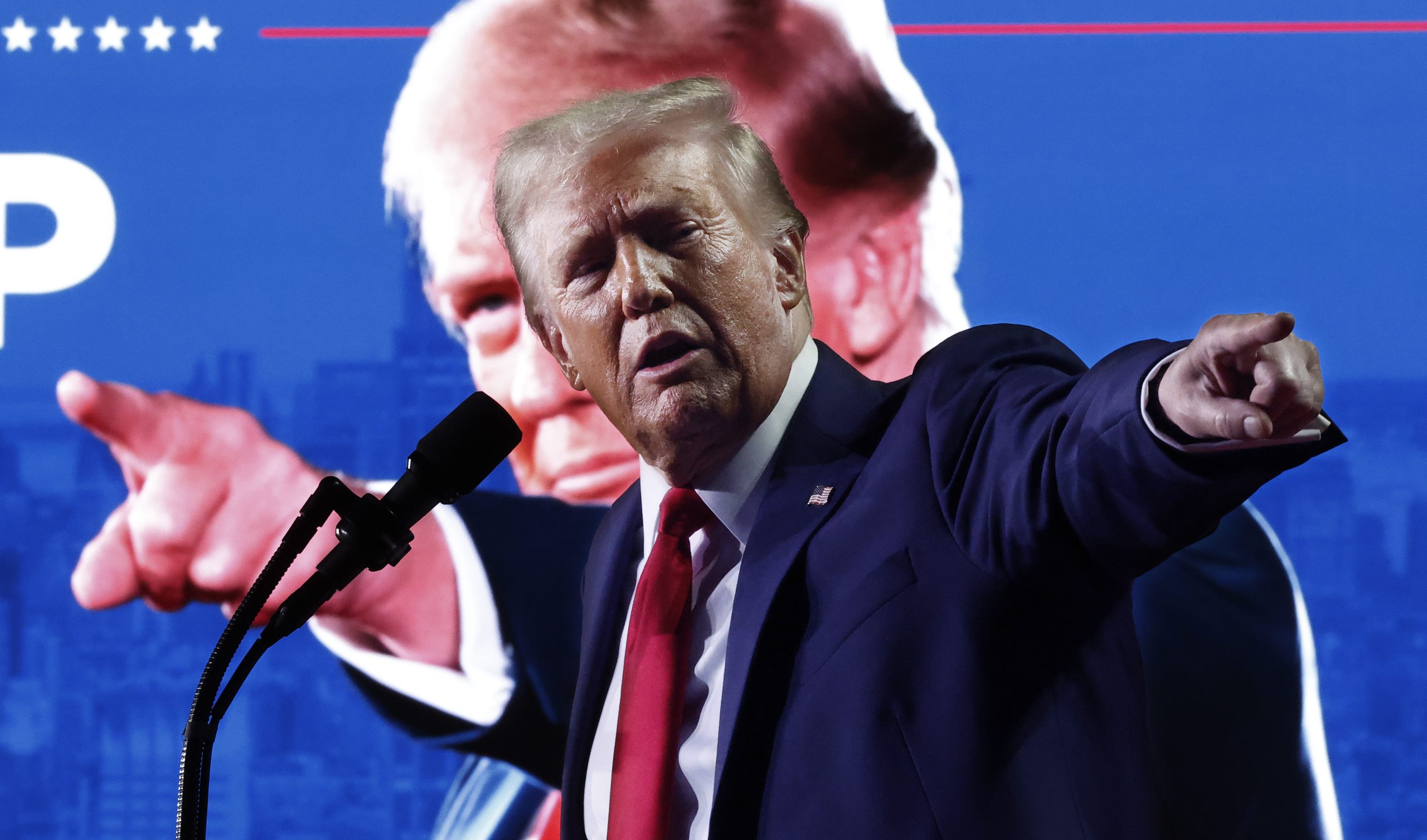 GRAND RAPIDS, MICHIGAN - NOVEMBER 05: Republican presidential nominee, former President Donald Trump speaks during a campaign rally at Van Andel Arena on November 05, 2024 in Grand Rapids, Michigan. Trump campaigned for re-election in the battleground states of North Carolina and Pennsylvania before arriving for his last rally minutes after midnight in Michigan. (Photo by Chip Somodevilla/Getty Images)