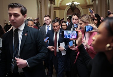 WASHINGTON, DC - FEBRUARY 25: U.S. Speaker of the House Mike Johnson (R-LA) departs the House chamber following a vote at the U.S. Capitol on February 25, 2025 in Washington, DC. The House is working to pass its budget bill this week which includes up to $4.5 trillion in tax cuts, an increase in the debt limit and cuts Medicaid and other social programs. (Photo by Win McNamee/Getty Images)
