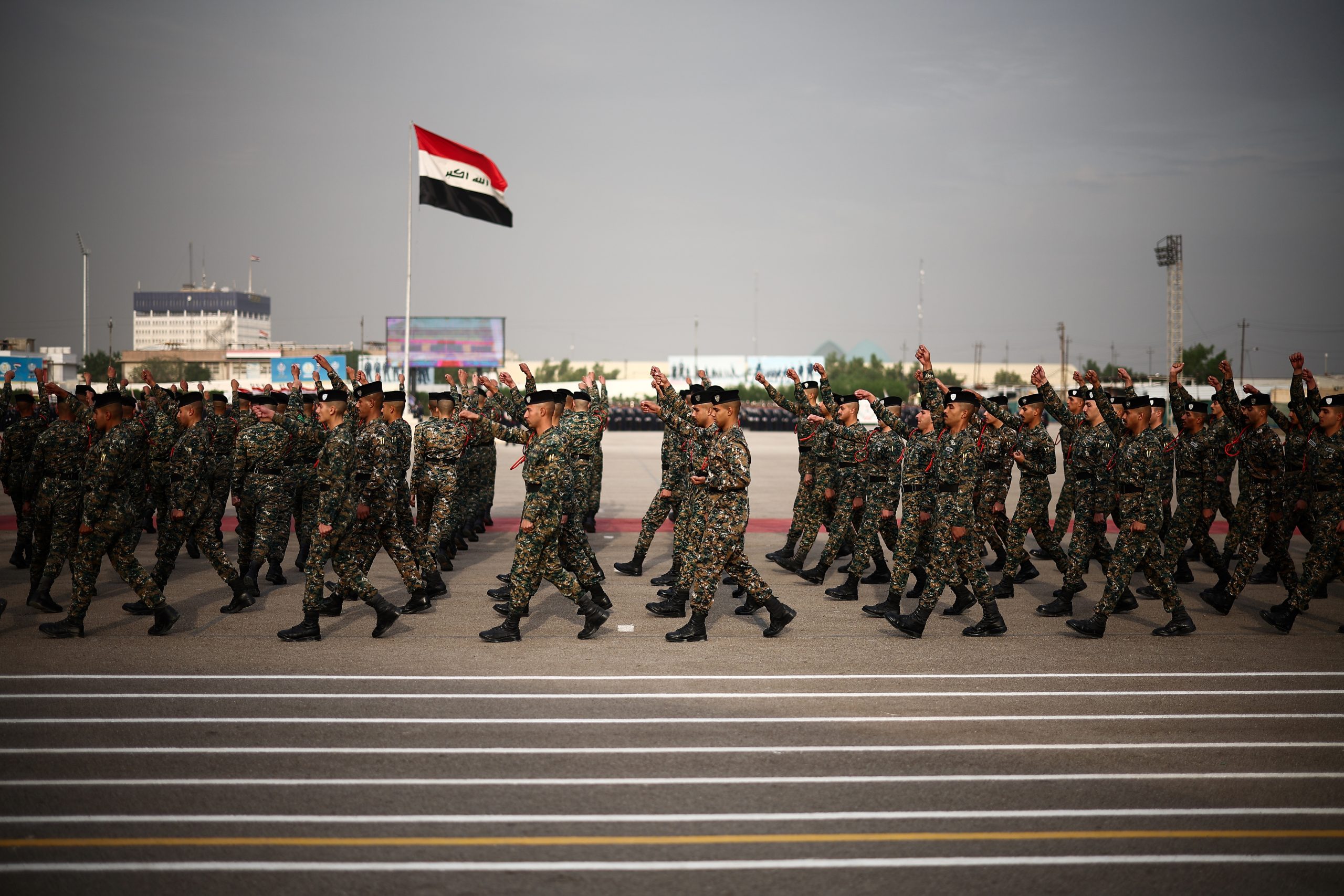 BAGHDAD, IRAQ - NOVEMBER 26: Iraqi police cadets take part in a rehearsal of the police cadet passing out ceremony at the Iraq National Police College on November 26, 2024 in Baghdad, Iraq. Britain's Home Secretary Yvette Cooper is visiting Bagdad and Erbil for a three-day visit to Iraq, during which a Joint Statement between Iraq and Britain was signed to tackle people smuggling and organised crime networks which have been operating across the region and in Europe. Further cooperation was agreed on tackling drug flows, modern slavery and continuing counter terrorism work. (Photo by Henry Nicholls-WPA Pool/Getty Images)