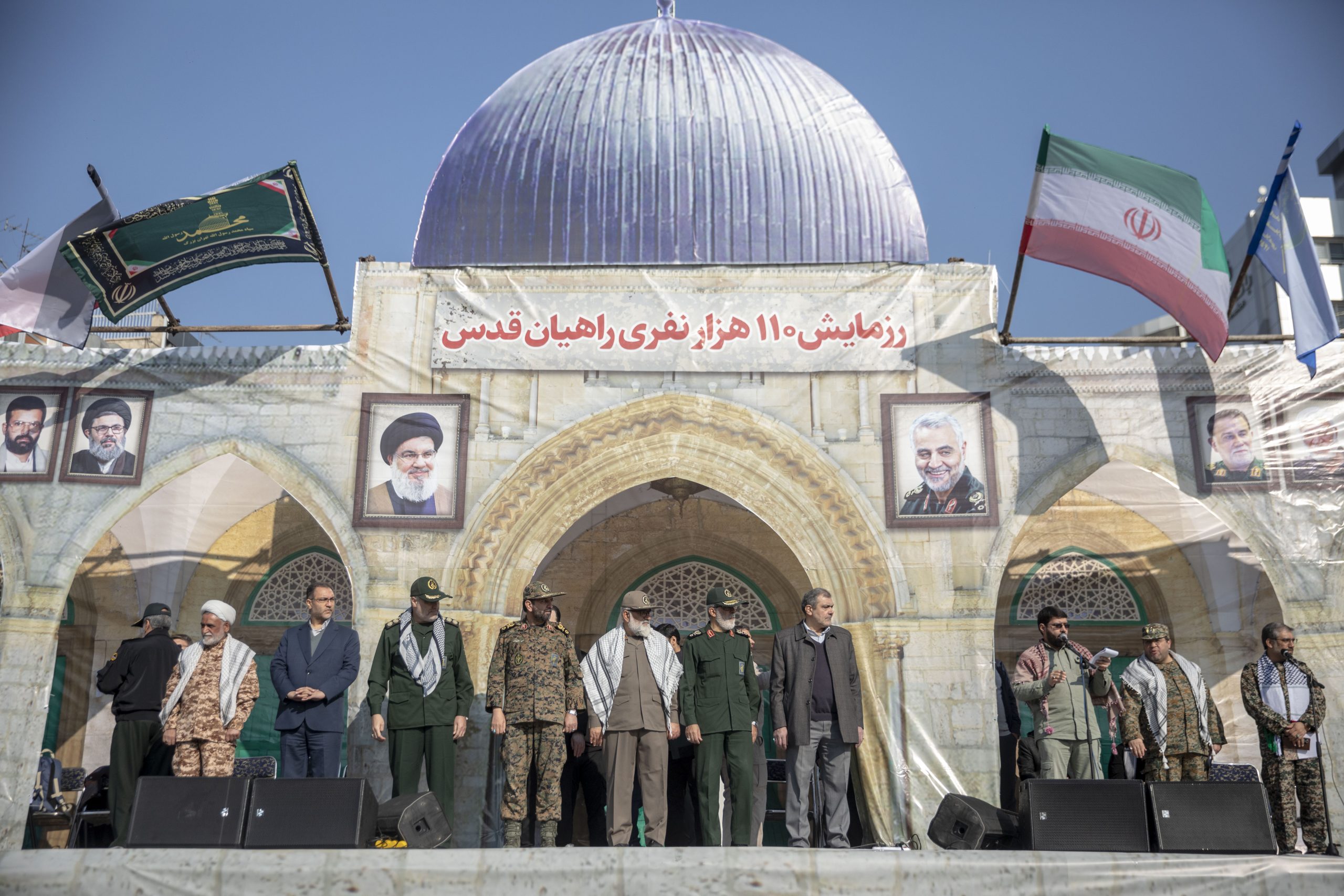 TEHRAN, IRAN - JANUARY 10: Senior commanders of Iran's Basij paramilitary force march in a parade of troops during military exercises on January 10, 2025 in Tehran, Iran. The Islamic Revolutionary Guard Corps (IRGC) and the Basij, a paramilitary group that has played a prominent role in suppressing protests, held military exercises in the Iranian capital. (Photo by Majid Saeedi/Getty Images)