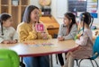 A Kindergarten teacher sits with a small group of students as she teaches them the different sounds each letter of the alphabet makes. Each of the students are dressed casually and paying close attention to their teacher.