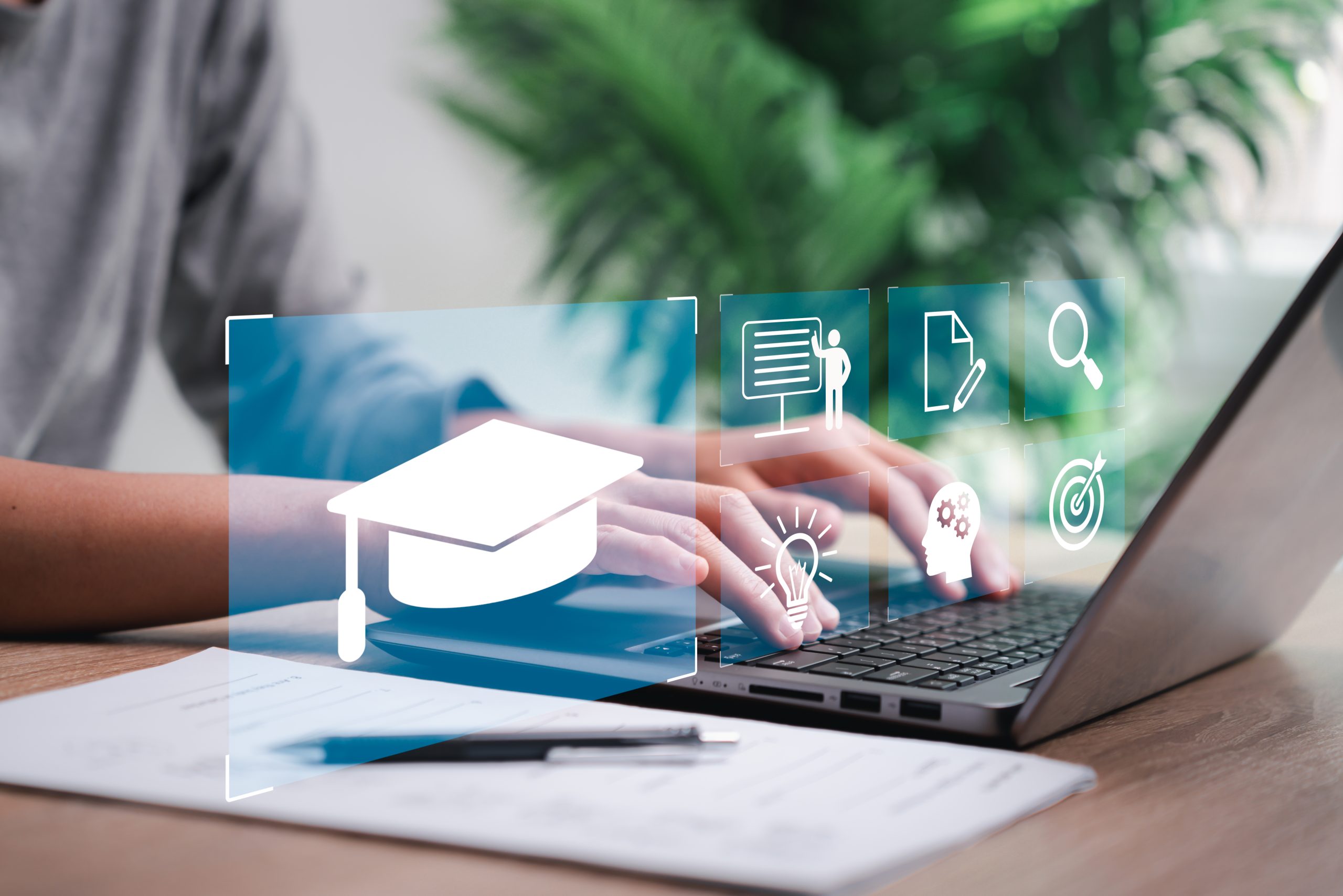 E-learning education, internet lessons online and business technology concept, Women use laptop working with education icon on virtual screens for online learning and search for knowledge and ideas