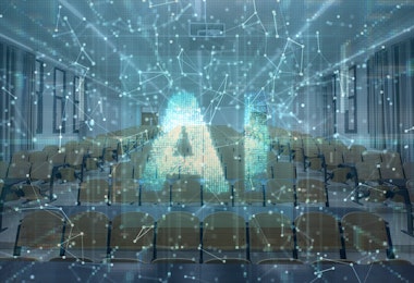 A view of a college lecture hall with an image that represents AI overlaid on top of it