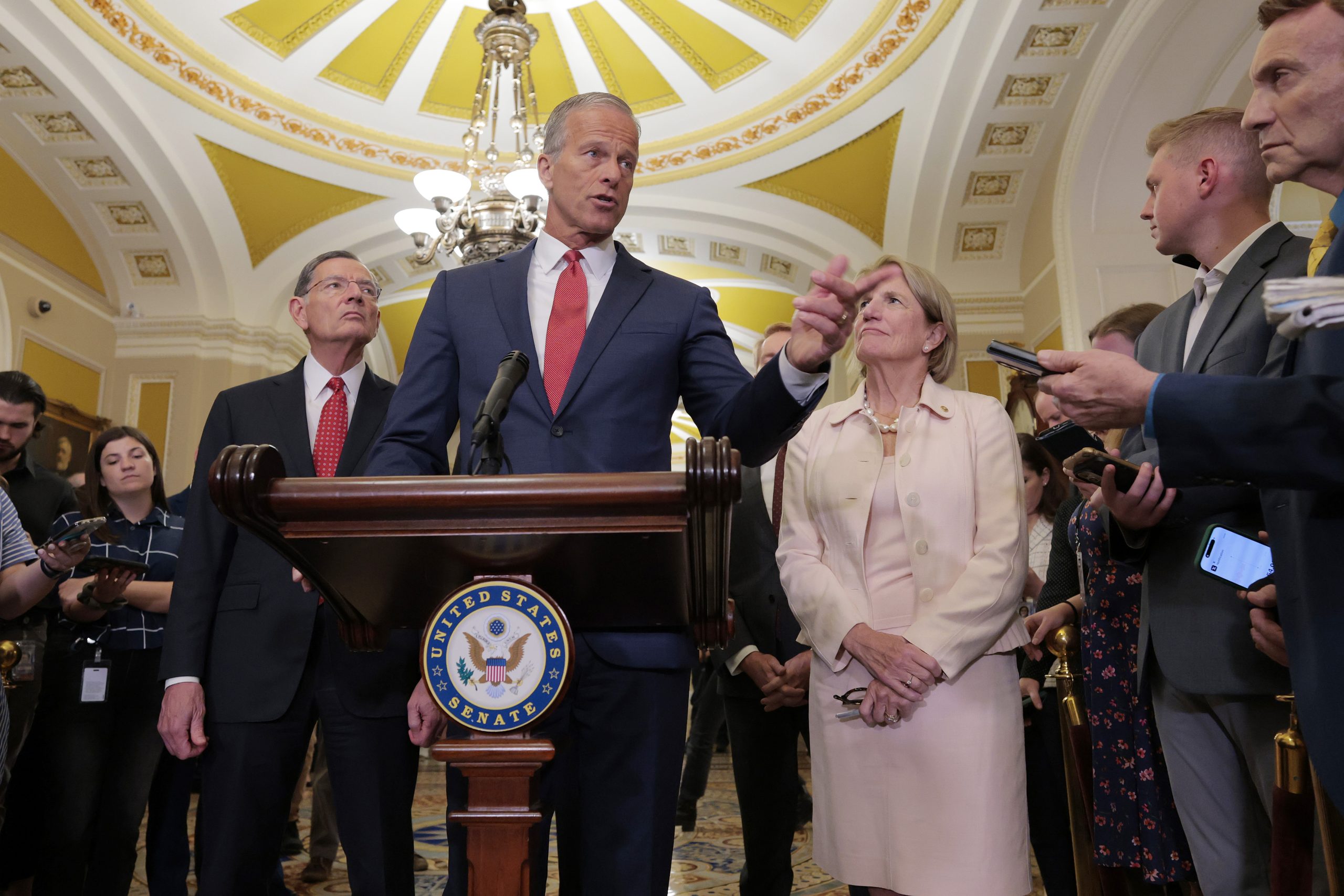WASHINGTON, DC - JUNE 17: U.S. Senate Majority Leader John Thune (R-SD) speaks during a news conference following the weekly Senate Republican policy luncheon at the U.S. Capitol  on June 17, 2025 in Washington, DC.  During the news conference Senate Republicans discussed progress with consideration of U.S. President Donald Trump's 