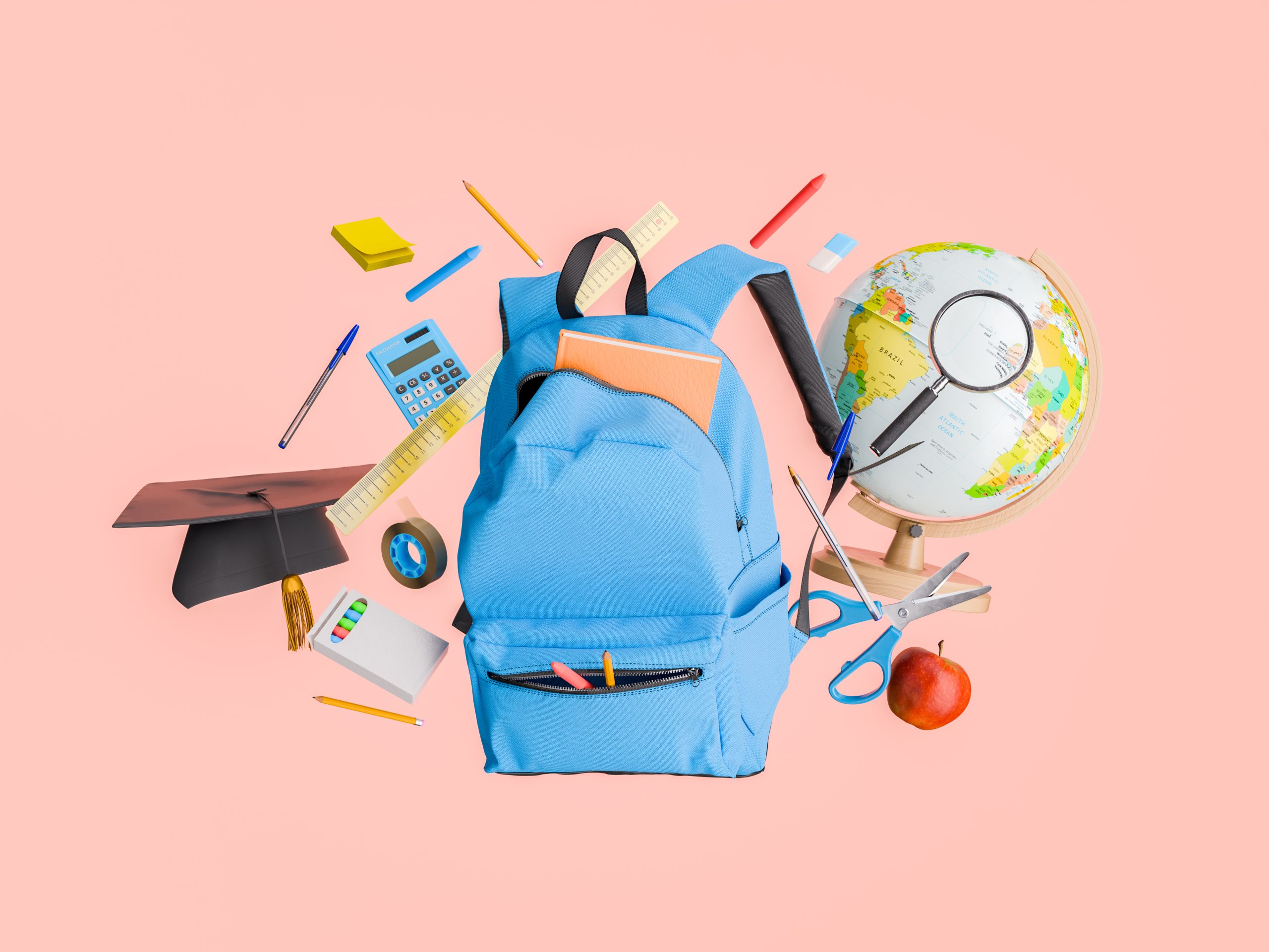 A blue backpack surrounded by floating school supplies including a globe, graduation cap, calculator and stationery items, on a red background. Concept of education and back to school. 3d rendering