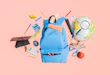 A blue backpack surrounded by floating school supplies including a globe, graduation cap, calculator and stationery items, on a red background. Concept of education and back to school. 3d rendering